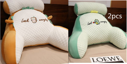 Two pillows with cartoon characters and text, one labeled '2pcs' and featuring the brand 'LOEWE'.