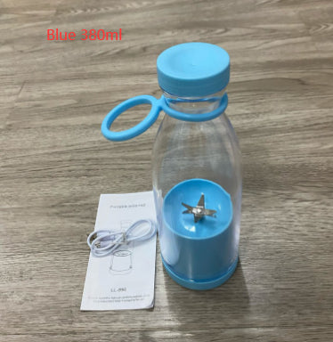 Blue water bottle with handle on a wooden surface