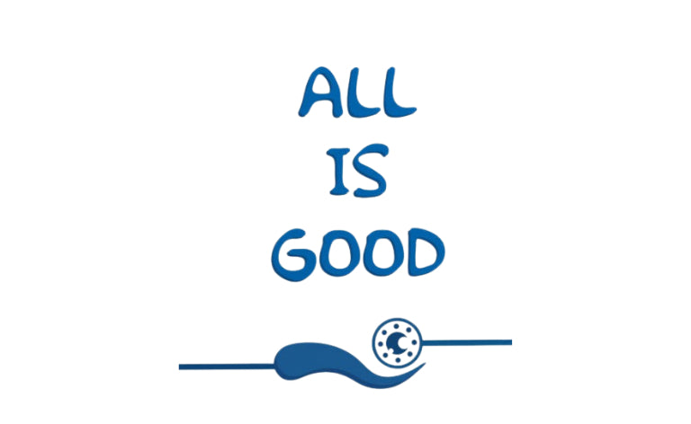 Blue 'ALL IS GOOD' text with a logo on a white background