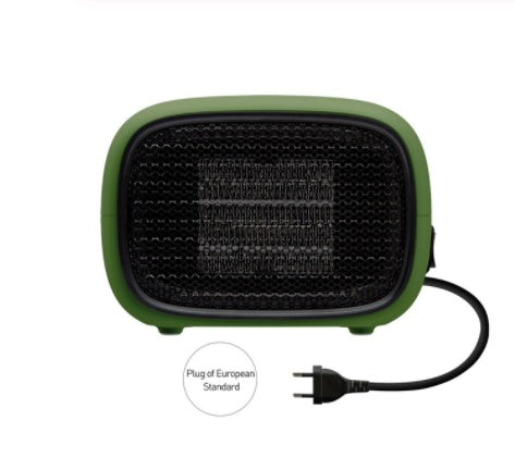 Green portable heater with black heating element on a white background