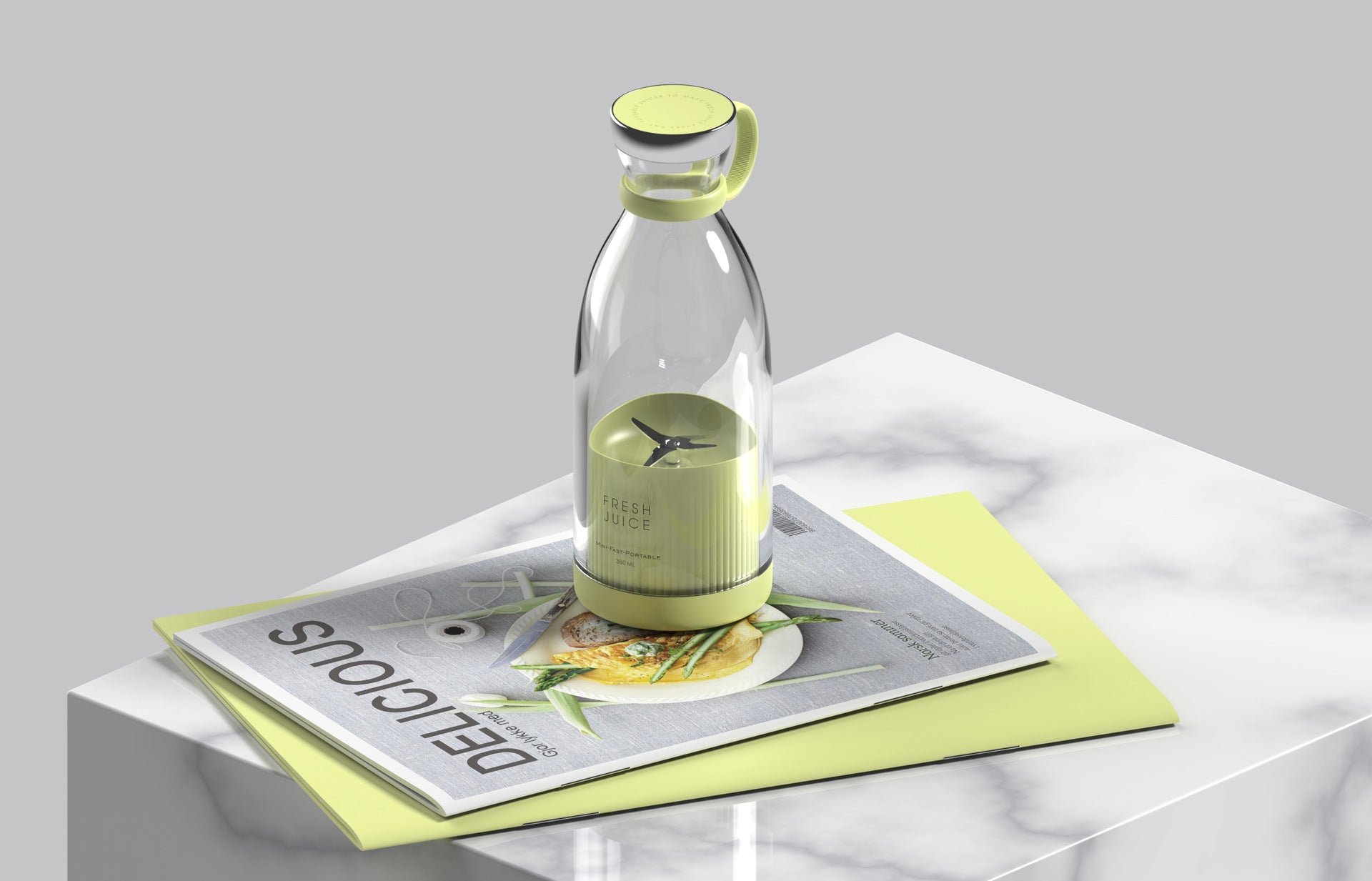 Clear glass bottle with green label on a white surface with a magazine underneath