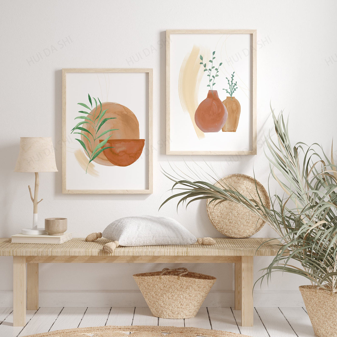 Nautical-themed room with wooden bench, framed artwork, and decorative items.