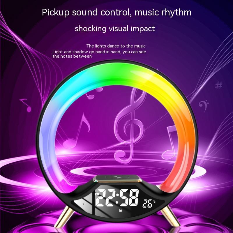 Colorful LED clock with digital display on a vibrant purple background with musical notes.