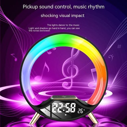 Colorful LED clock with digital display on a vibrant purple background with musical notes.