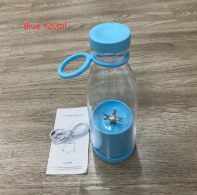 Blue water bottle with a detachable blender attachment on a wooden surface