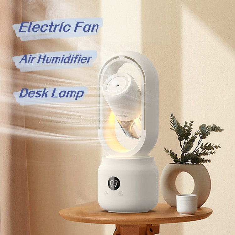 Multifunctional device with electric fan, air humidifier, and desk lamp on a wooden table.