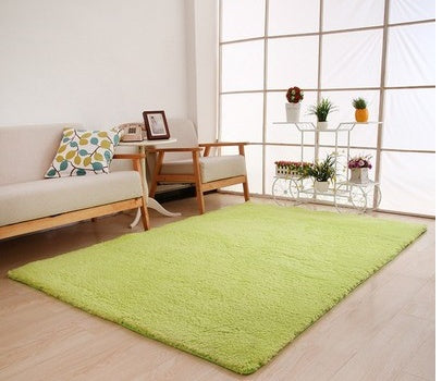 Green rug in a living room with a couch, table, and decorative items.