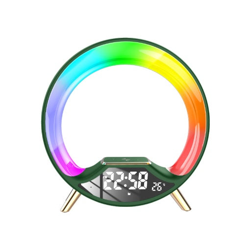 Colorful circular LED clock with digital display on a white background