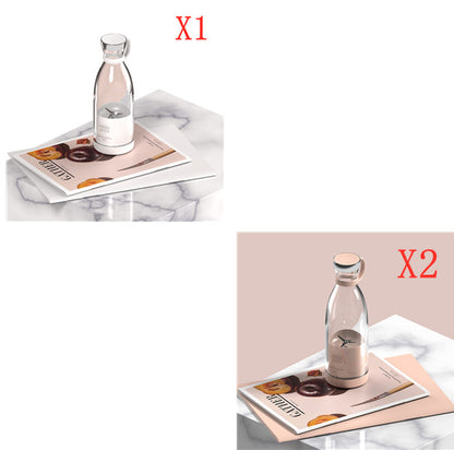 Two images of a clear glass bottle with a pink cap on a magazine with a marble surface and a plain background.
