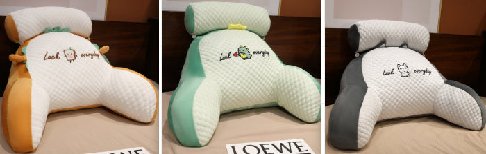 Three views of a Loewe pillow on a wooden surface.