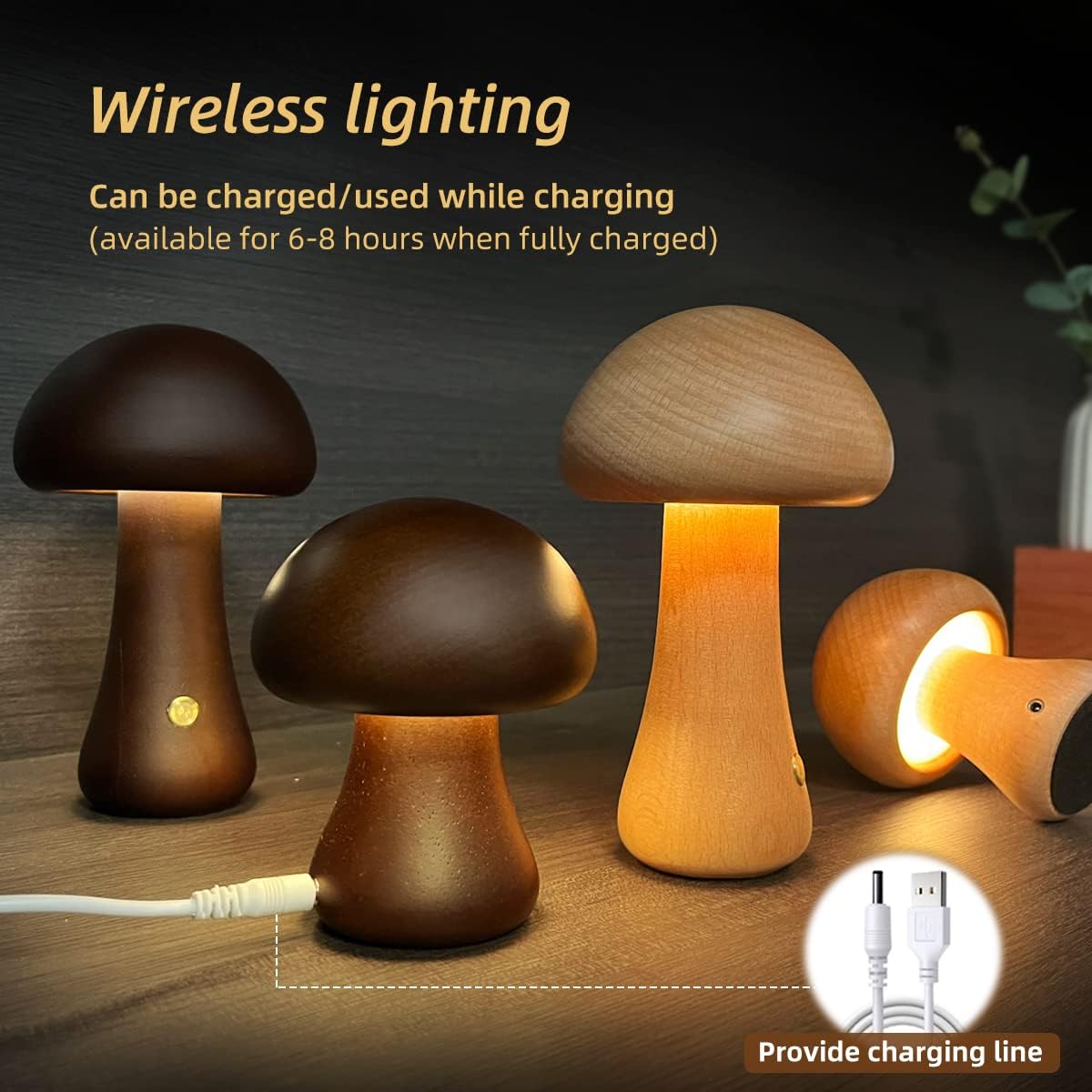 Wooden mushroom-shaped lamps with wireless charging feature on a dark background