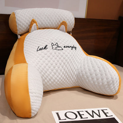 Fox-shaped pillow with 'Luck everyday' text on a brown surface, featuring the brand 'LOEWE'.