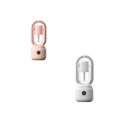 Two portable lamps, one pink and one white, on a white background