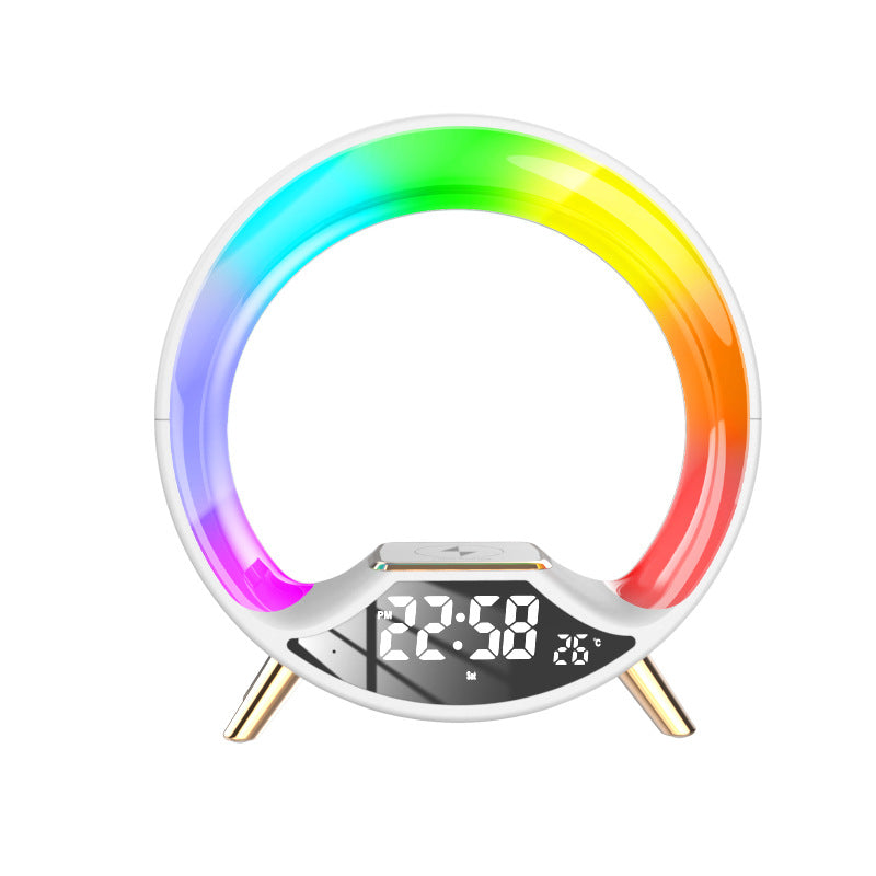 Colorful circular clock with digital display on a white background