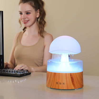 Woman using a computer with a wooden-textured lamp on the desk