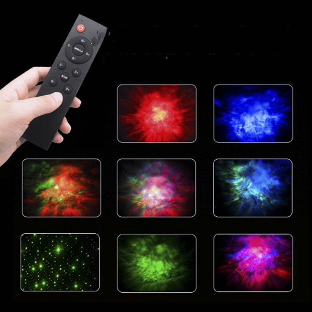 Hand holding a remote control with colorful nebula images displayed on screens.
