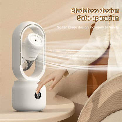 Bladeless fan with a hand reaching out to touch it, on a beige background.