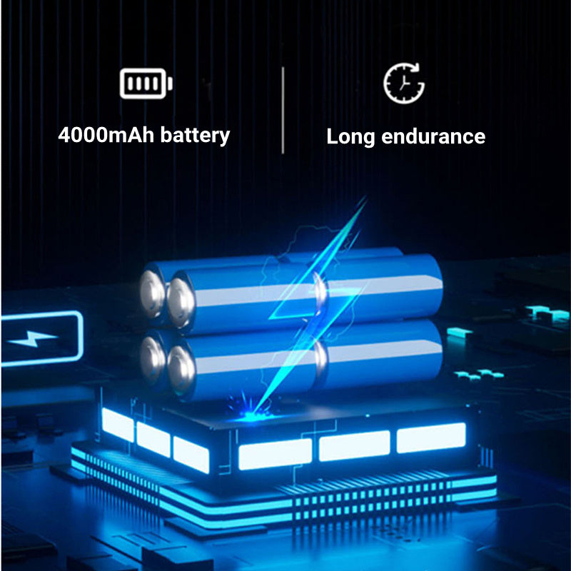 Two blue batteries with charging symbols and text indicating 4000mAh battery and long endurance on a dark background.