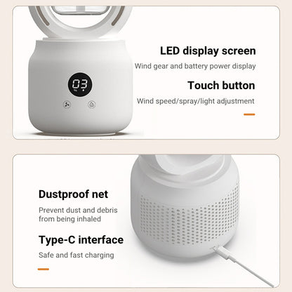 White air purifier with LED display screen, touch button, dustproof net, and Type-C interface on a beige background.