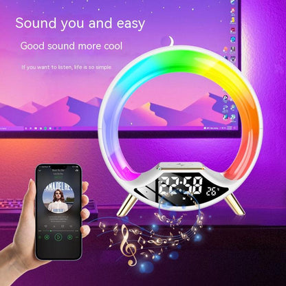 Colorful LED ring light with digital clock and smartphone displaying music app on a purple background.