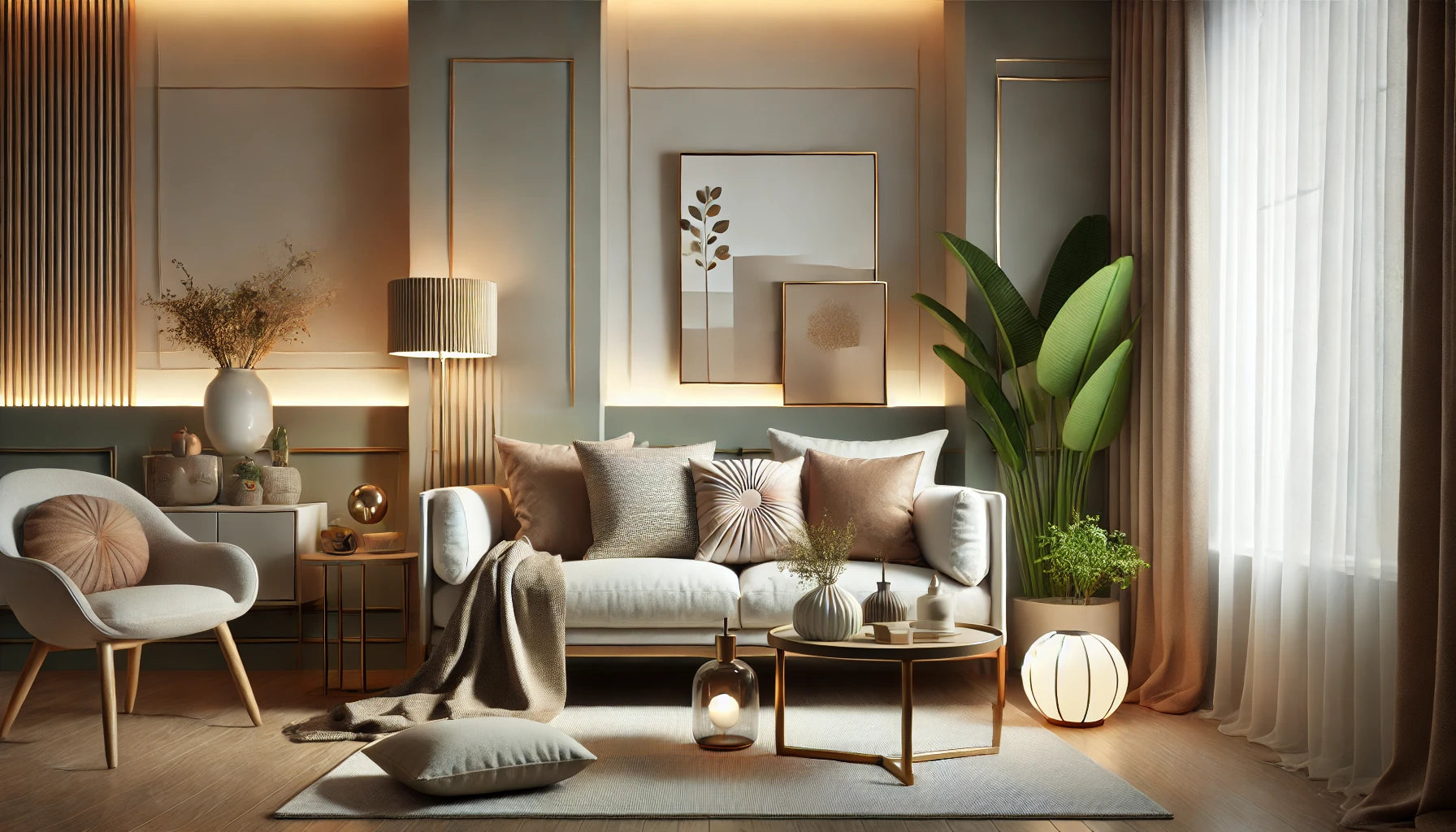 Modern living room with a sofa, armchair, and decorative elements.