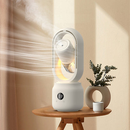 Tabletop fan on a wooden stand with a plant and small cup in a room setting