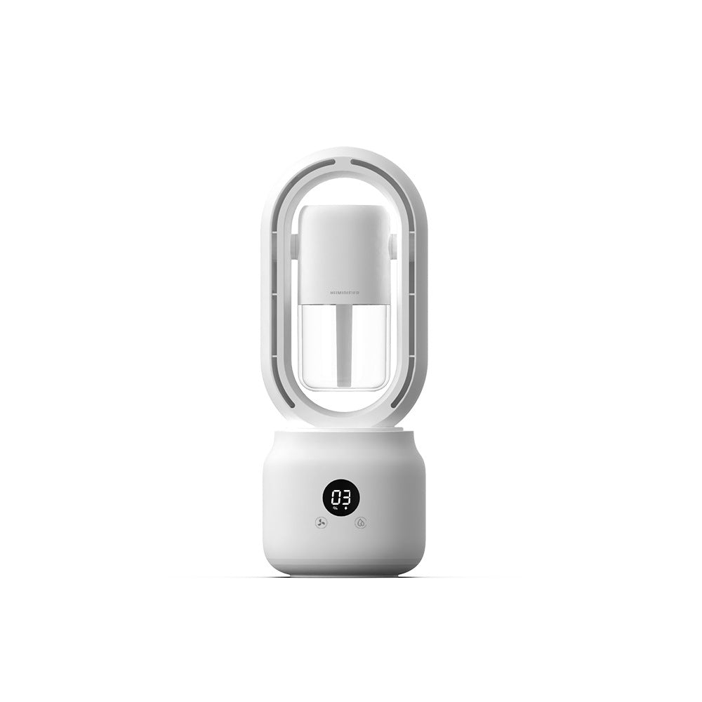 White portable fan with digital display on a white background