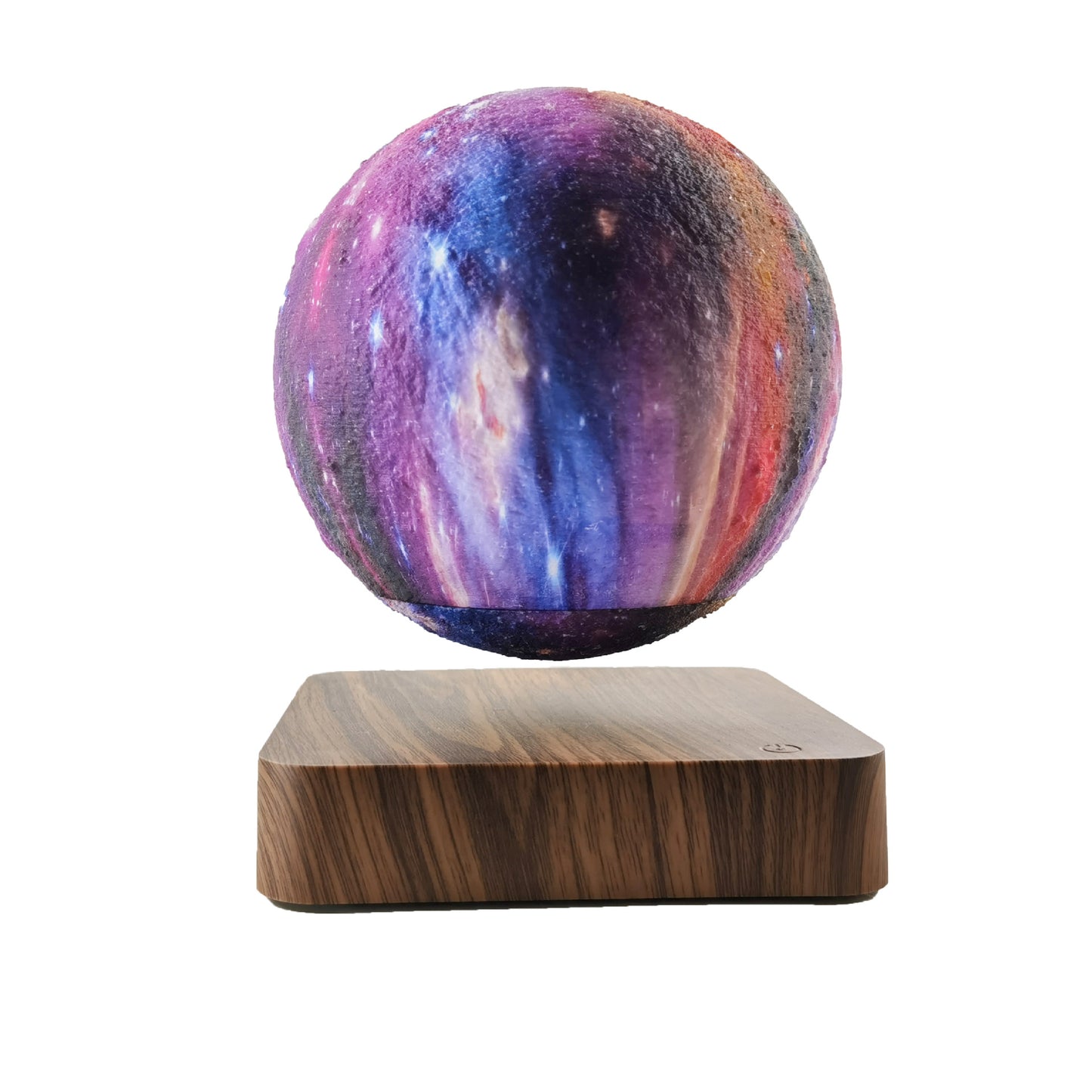 Colorful levitating sphere on a wooden base with a white background