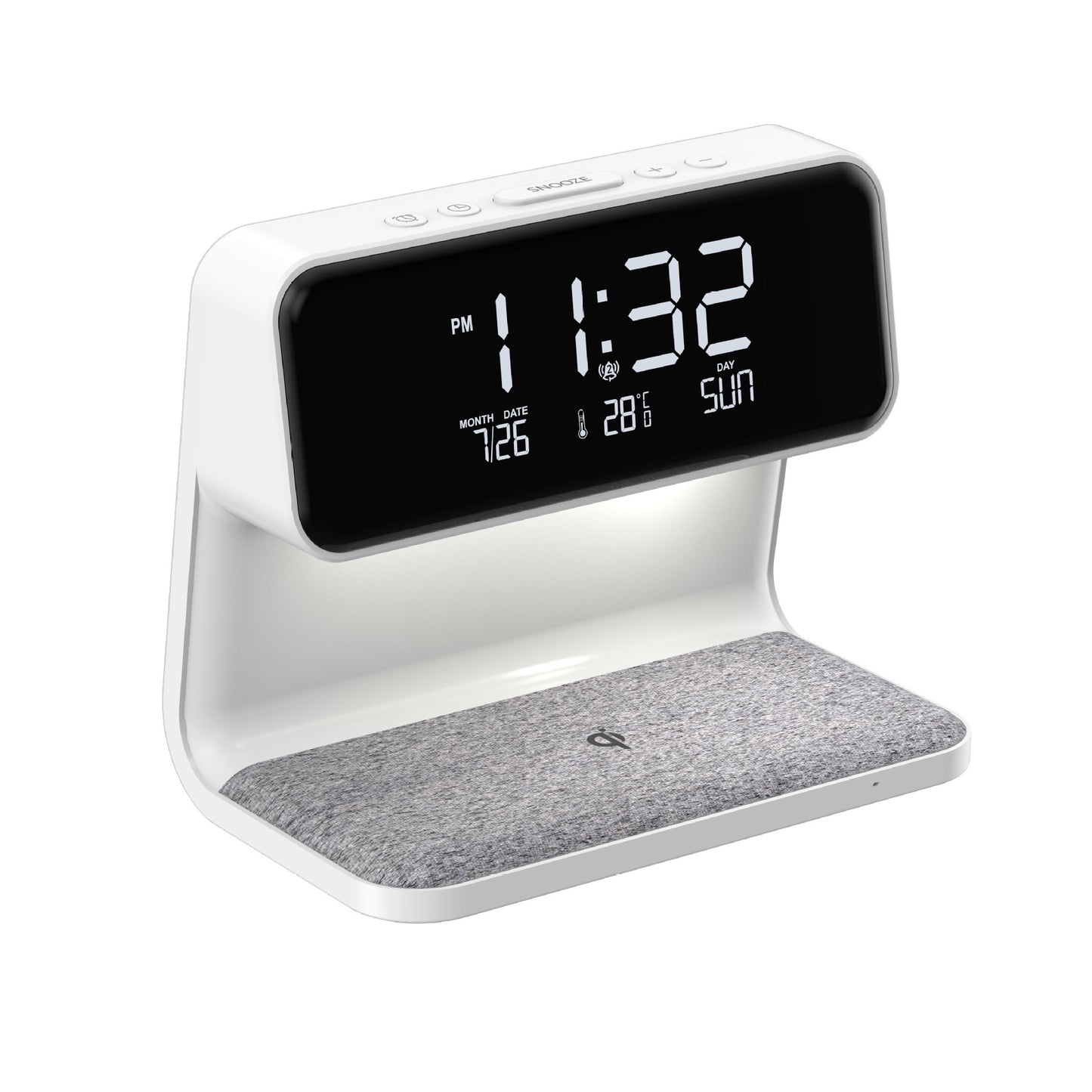 Digital clock with a white base and gray felt surface on a white background