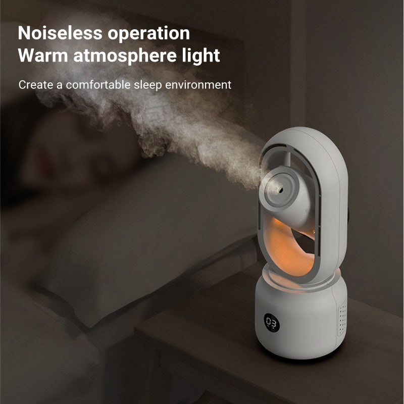 White humidifier emitting mist in a bedroom setting with text about noiseless operation and warm atmosphere.