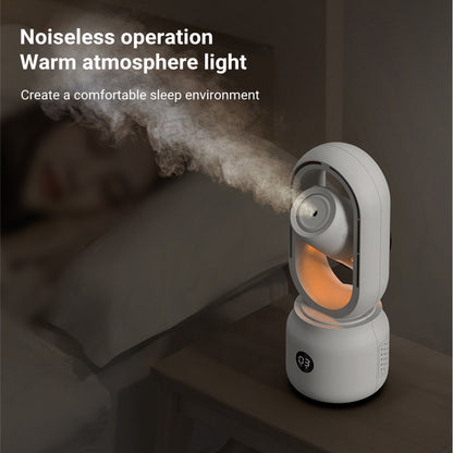White humidifier emitting mist in a bedroom setting with text about noiseless operation and warm atmosphere.