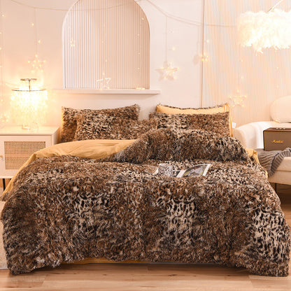 Leopard print bedding set on a bed in a bedroom with decorative lights.