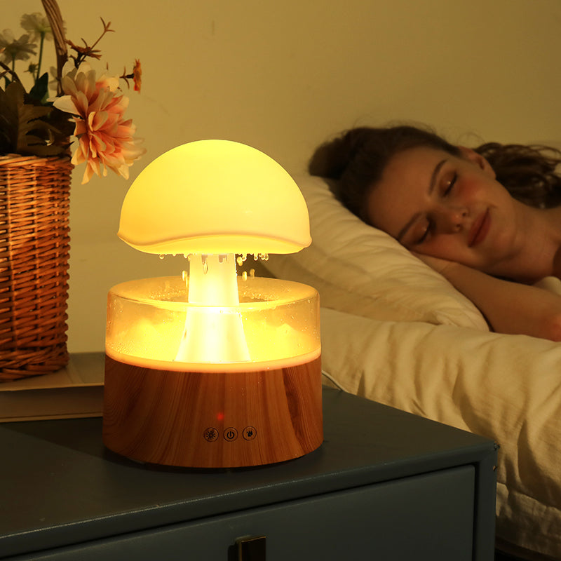 Woman sleeping in bed with a glowing mushroom-shaped night light on a nightstand.
