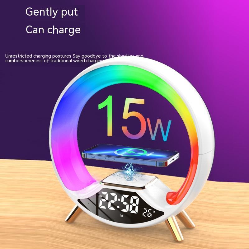 Colorful charging stand with digital display on a wooden surface and purple background