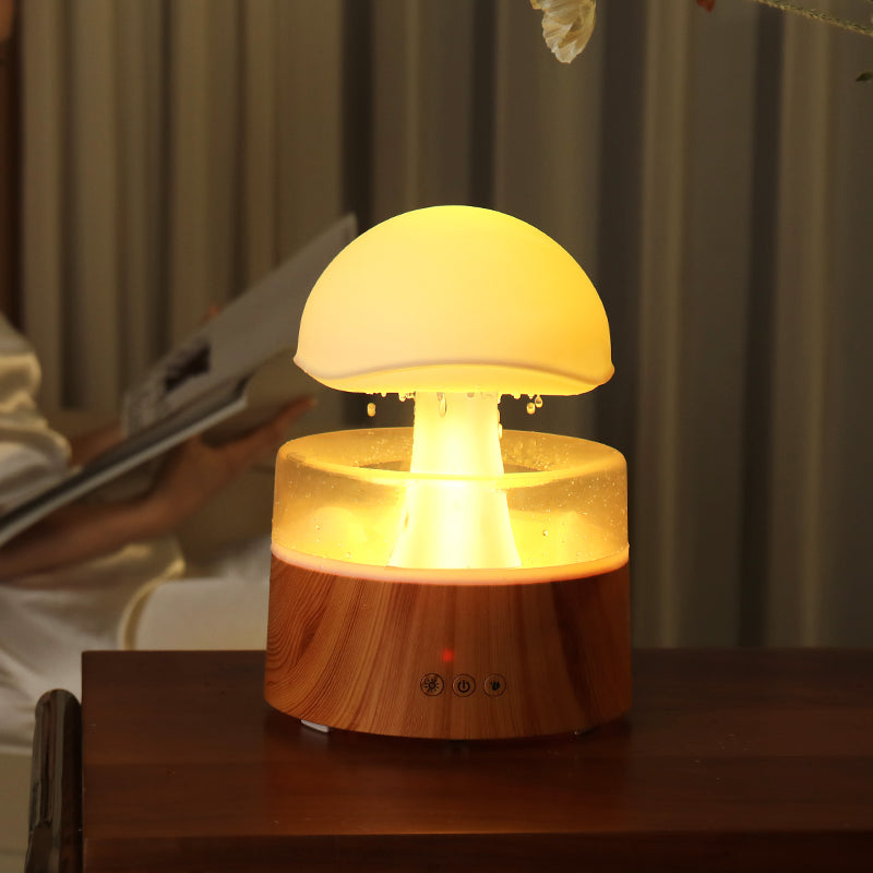 Wooden lamp with a glowing interior on a wooden surface