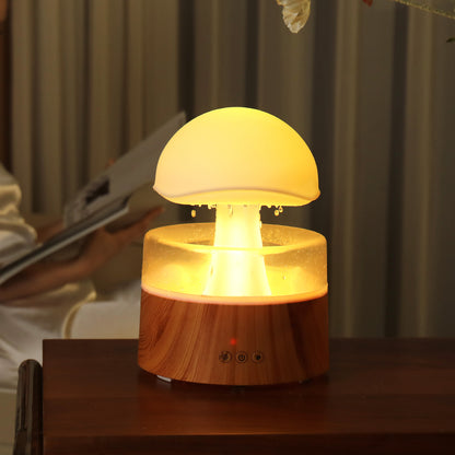 Wooden lamp with a glowing interior on a wooden surface