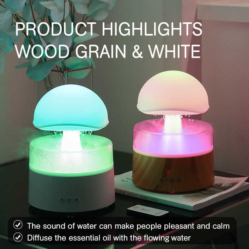 Two mushroom-shaped diffusers with wood grain design on a table.